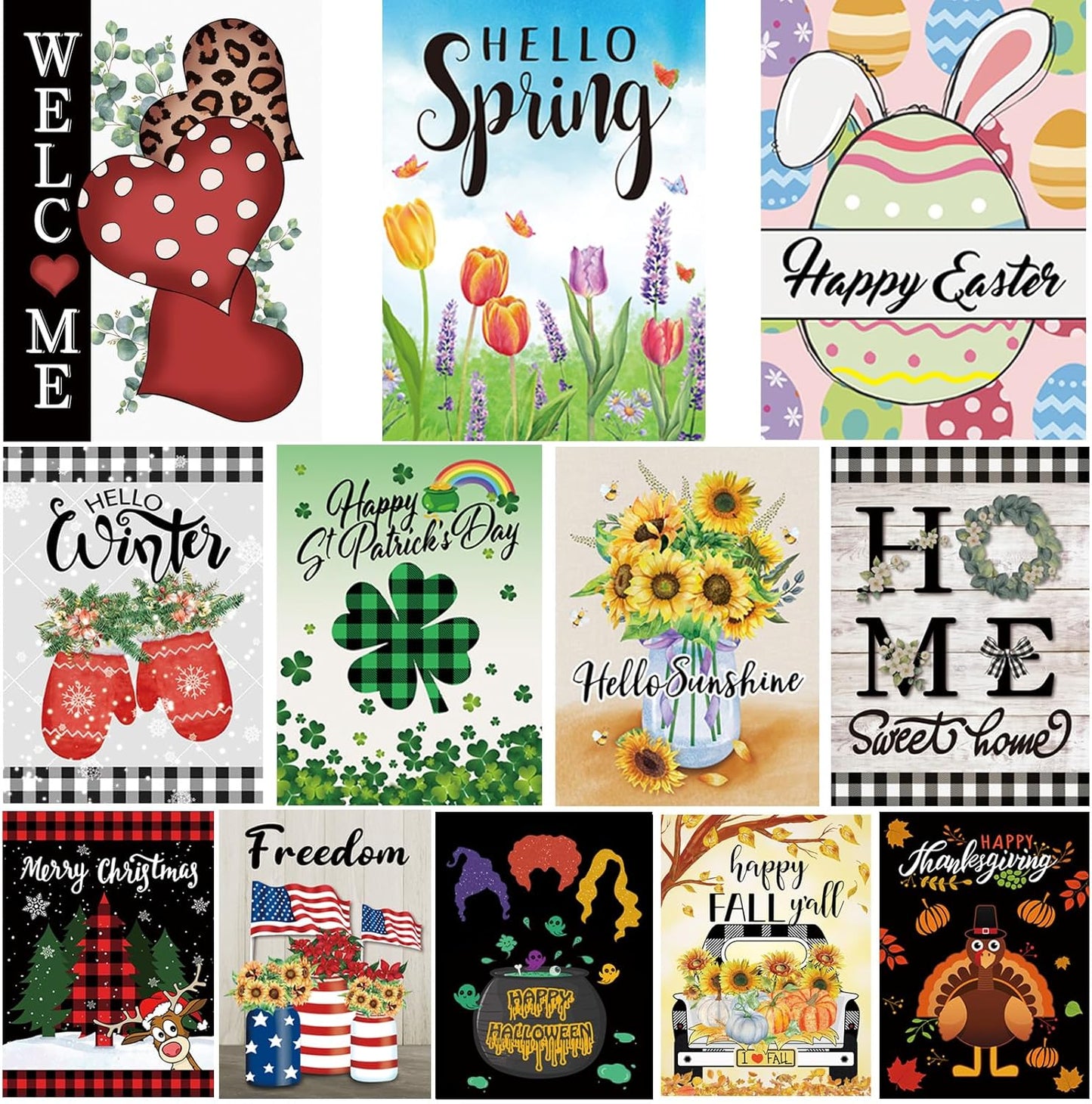 Seasonal Garden Flags Set of 12 Double Sided 12 X 18 Inch Yard Flags, Small Garden Flags for Outside, Fall Winter Halloween Christmas Outdoor Flags, Holiday Garden Flags for All Seasons