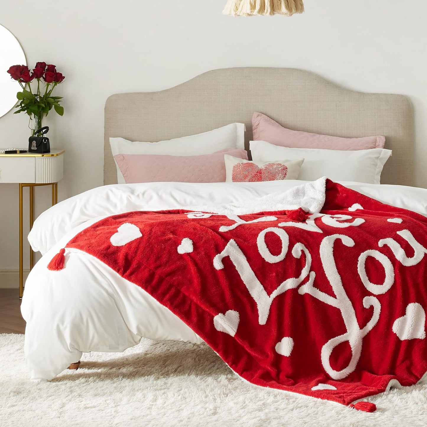 Valentines Day Throw Blanket - Soft and Warm Sherpa Heart Blanket Valentines Day Gifts for Him and Her, I Love You Red Blanket 50"X60"