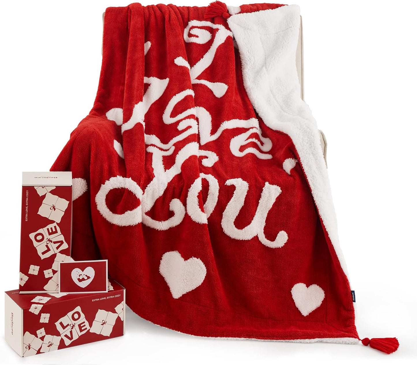 Valentines Day Throw Blanket - Soft and Warm Sherpa Heart Blanket Valentines Day Gifts for Him and Her, I Love You Red Blanket 50"X60"