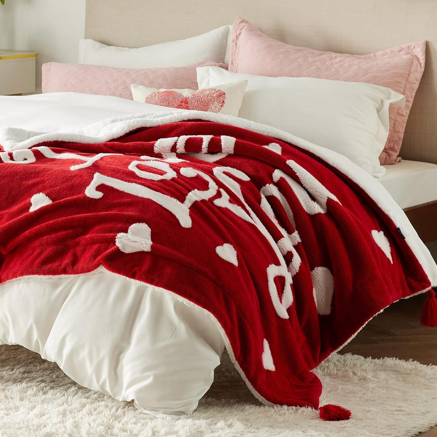 Valentines Day Throw Blanket - Soft and Warm Sherpa Heart Blanket Valentines Day Gifts for Him and Her, I Love You Red Blanket 50"X60"