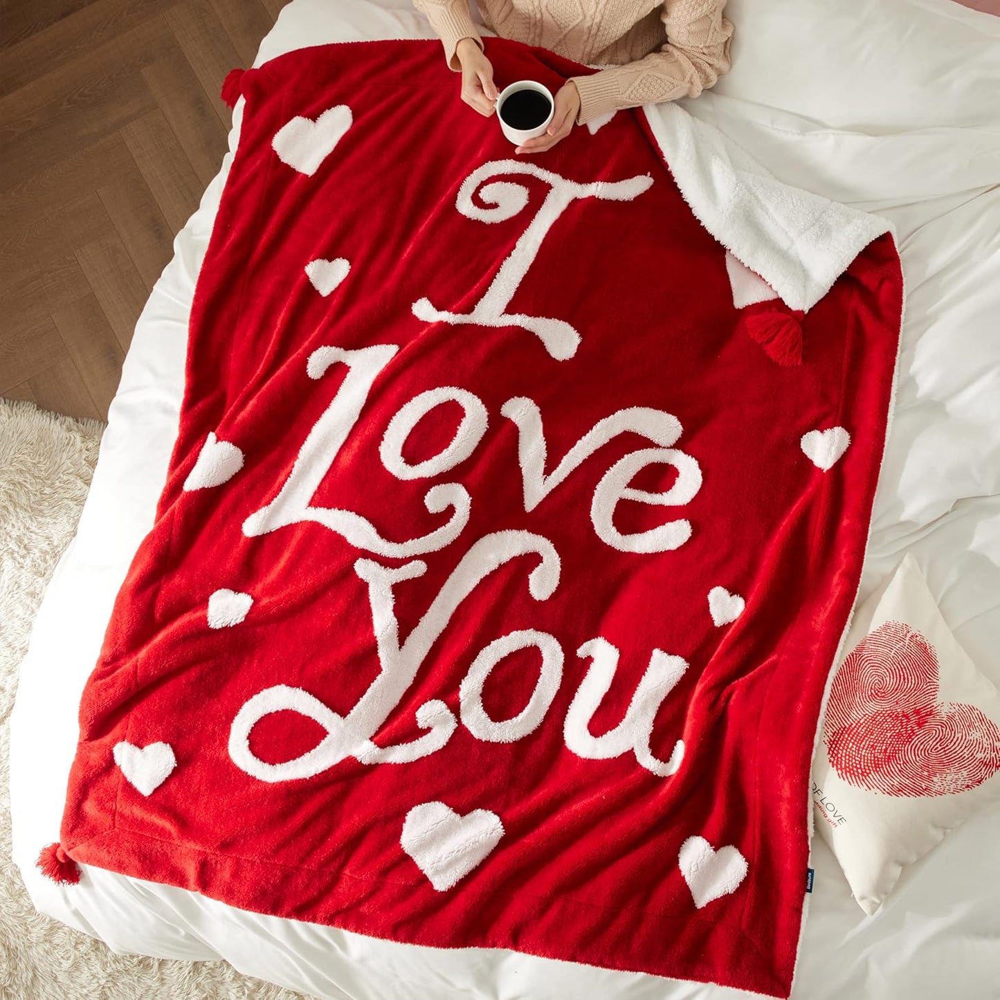 Valentines Day Throw Blanket - Soft and Warm Sherpa Heart Blanket Valentines Day Gifts for Him and Her, I Love You Red Blanket 50"X60"