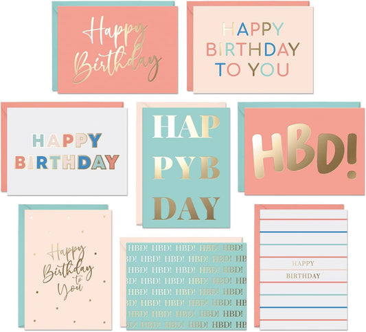 Set of 24 Gold Foil Bulk Birthday Cards Assortment – Bulk Happy Birthday Card with Envelopes Box Set – Assorted Blank Birthday Cards for Women, Men, and Kids in a Boxed Card Pack