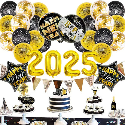 New Years Decorations 2025 Set of 42, Black and Gold Party Decorations New Years Balloons, Cupcake Topper, Confetti Balloons, Happy New Year Banner, for 2025 New Years Eve Party Supplies