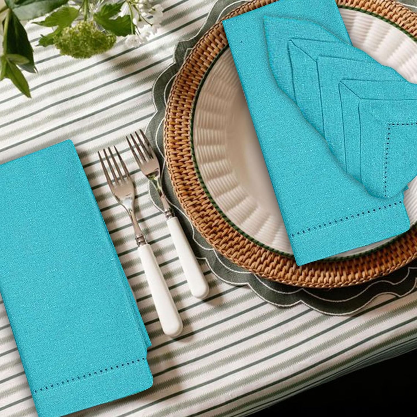 Decorative Cloth Dinner Napkins with Hemstitched - Perfect Napkins for Wedding Christmas Fall Easter Halloween and Everyday Use, Mitered Corners, Machine Washable, Set Of12-18X18 Inch - Teal