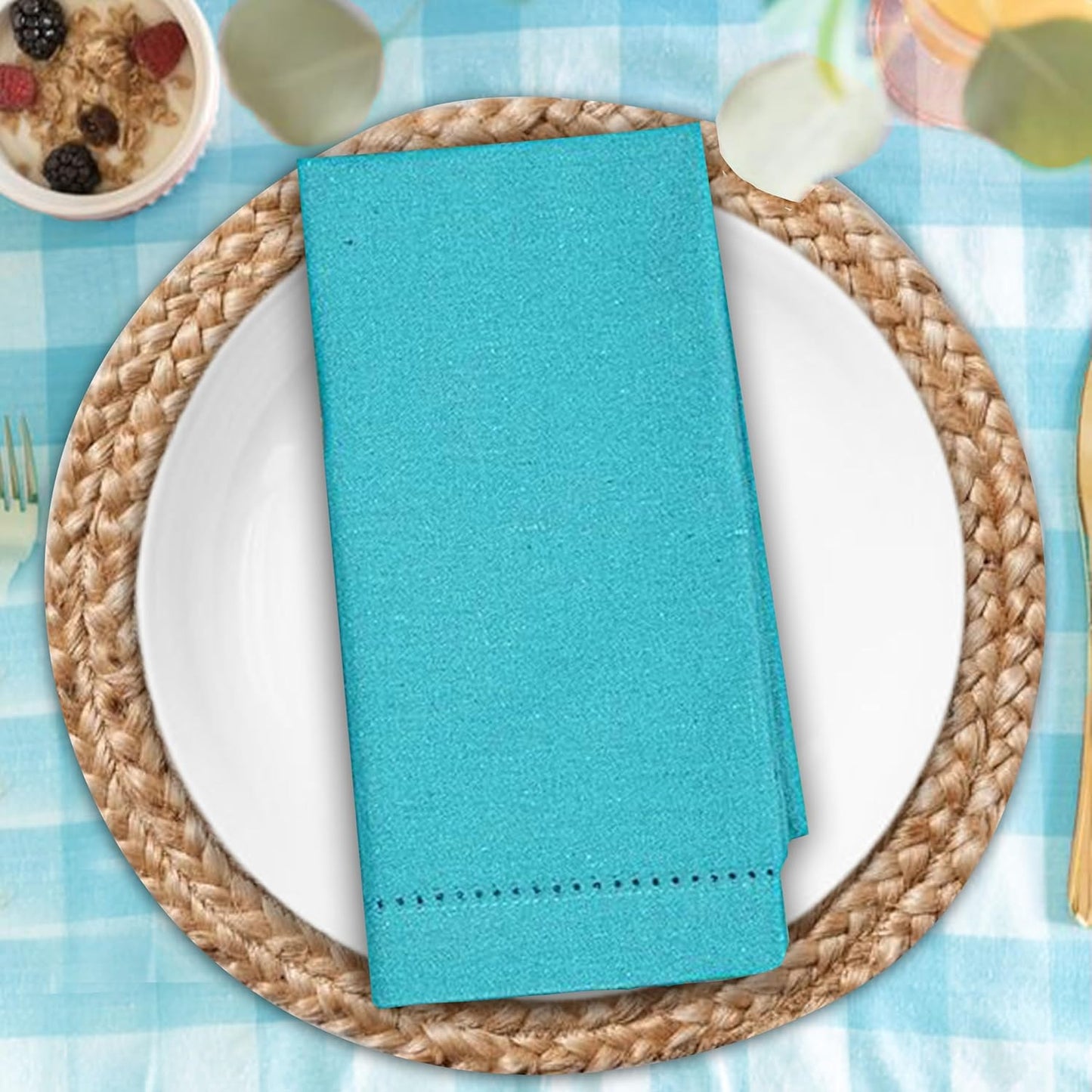 Decorative Cloth Dinner Napkins with Hemstitched - Perfect Napkins for Wedding Christmas Fall Easter Halloween and Everyday Use, Mitered Corners, Machine Washable, Set Of12-18X18 Inch - Teal