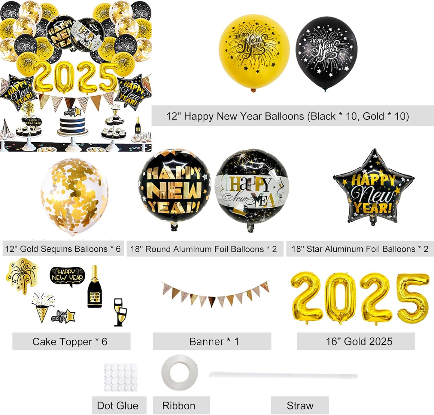 New Years Decorations 2025 Set of 42, Black and Gold Party Decorations New Years Balloons, Cupcake Topper, Confetti Balloons, Happy New Year Banner, for 2025 New Years Eve Party Supplies