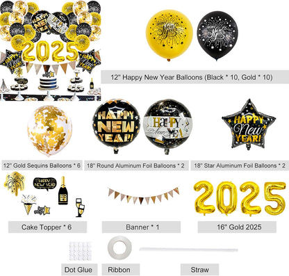 New Years Decorations 2025 Set of 42, Black and Gold Party Decorations New Years Balloons, Cupcake Topper, Confetti Balloons, Happy New Year Banner, for 2025 New Years Eve Party Supplies