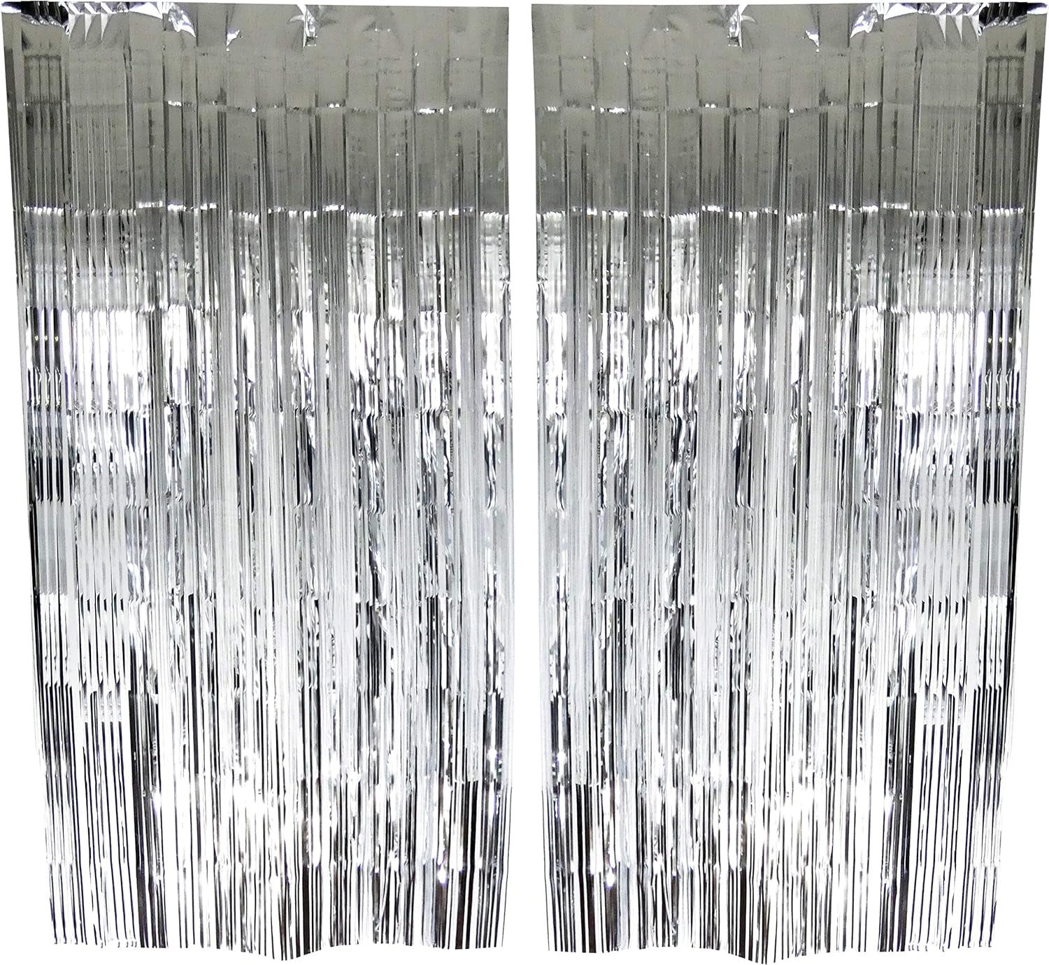 Metallic Fringe Foil Curtain Backdrop for Weddings, Birthdays, Special Occasions (Silver, 2 Pack)