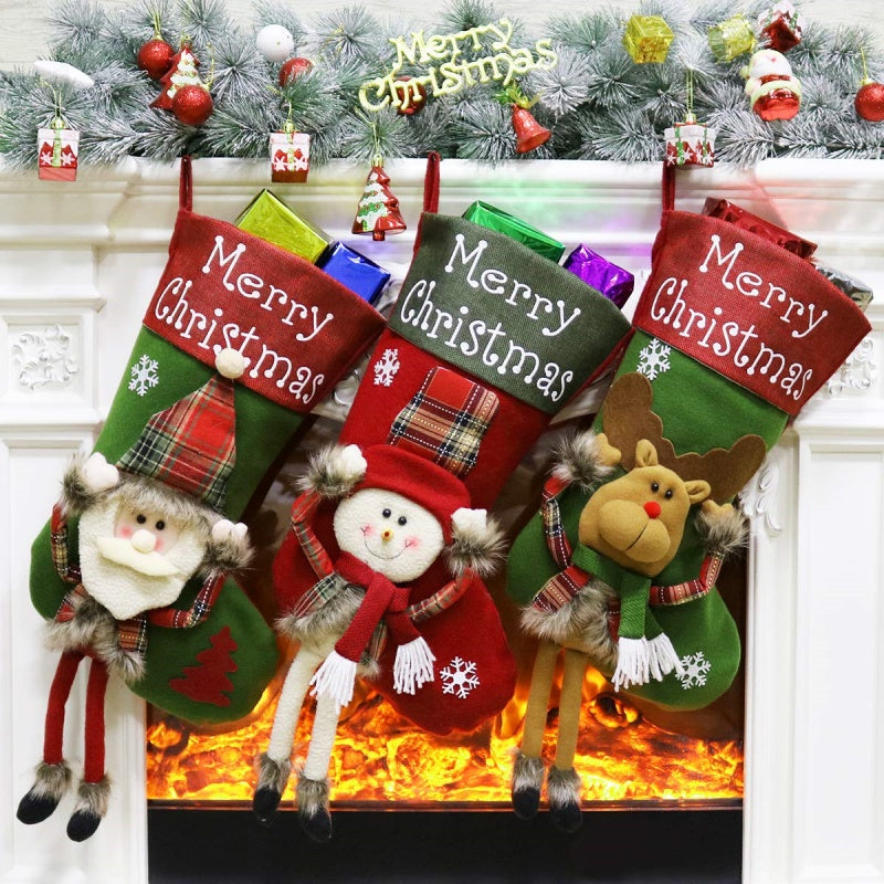 Christmas Stockings Set Decorations Christmas 3D Plush Big Sock Christmas Tree Pendant Decorating Supplies