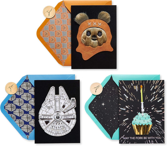 Star Wars Birthday Card Assortment, Ewok, Cupcake, and Millennium Falcon (3-Count)